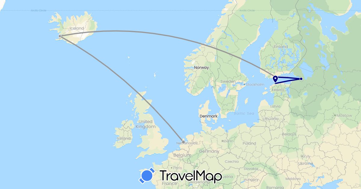 TravelMap itinerary: driving, plane in Estonia, Iceland, Netherlands, Russia, Sweden (Europe)