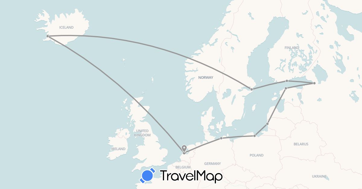 TravelMap itinerary: driving, plane in Germany, Estonia, Finland, Iceland, Lithuania, Netherlands, Poland, Russia, Sweden (Europe)