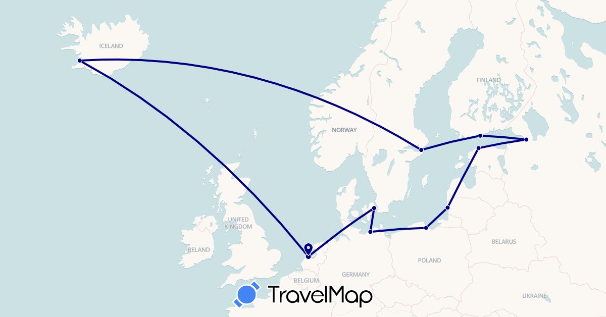 TravelMap itinerary: driving in Germany, Denmark, Estonia, Finland, Iceland, Lithuania, Netherlands, Poland, Russia, Sweden (Europe)