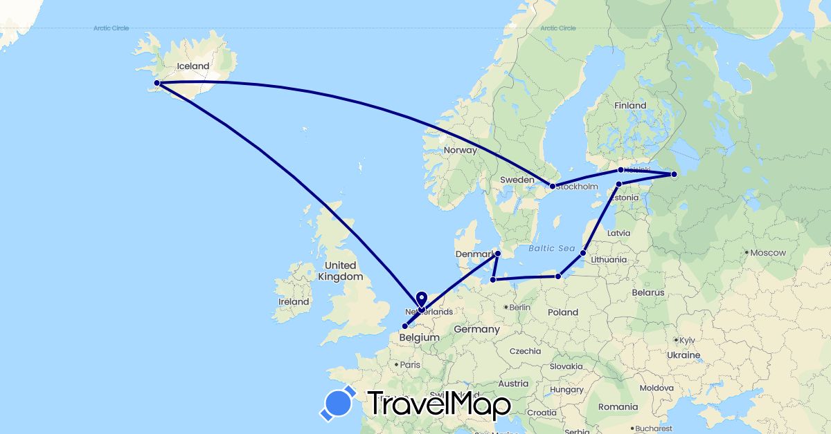 TravelMap itinerary: driving in Belgium, Germany, Denmark, Estonia, Finland, Iceland, Lithuania, Netherlands, Poland, Russia, Sweden (Europe)