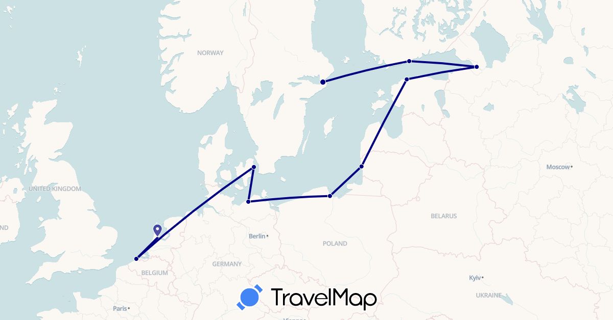 TravelMap itinerary: driving in Belgium, Germany, Denmark, Estonia, Finland, Lithuania, Netherlands, Poland, Russia, Sweden (Europe)